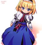  alice_margatroid blonde_hair blue_dress blue_eyes capelet dress frilled_dress frilled_sleeves frills hairband hikataso lolita_hairband long_sleeves protected_link sash short_hair solo star touhou white_capelet 