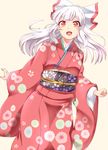  :d alternate_costume blush bow clenched_hand commentary_request cowboy_shot floral_print fujiwara_no_mokou hair_bow highres isagi japanese_clothes kimono long_hair long_sleeves looking_at_viewer obi open_mouth red_eyes sash silver_hair smile solo touhou white_bow wide_sleeves 
