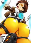  absurdres ass bodysuit breasts brown_hair cameltoe dual_wielding ear_piercing earrings from_behind gloves goggles gun handgun henriiku_(ahemaru) highres huge_ass jacket jewelry large_breasts looking_at_viewer looking_back open_mouth overwatch piercing short_hair skin_tight smile solo spiked_hair tracer_(overwatch) weapon yellow_eyes 
