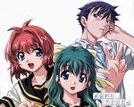  2girls artist_request blue_eyes green_hair kamishiro_maiku miyafuji_miina multiple_girls onegai_twins onodera_karen red_hair wallpaper 