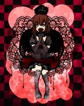  aqua_eyes brown_hair checkered crown ecirtaeb elbow_gloves flower gloves gothic_lolita highres kneehighs lolita_fashion rose socks solo umineko_no_naku_koro_ni ushiromiya_maria 