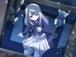  artist_request blonde_hair blush boots dog dress fate/stay_night fate_(series) fireflies illyasviel_von_einzbern long_hair necktie night pale_skin photo_(object) purple_eyes red_eyes ribbon sad silver_hair skirt snow solo stuffed_animal stuffed_toy teddy_bear window 