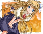  air artist_request blonde_hair blue_eyes cross cross_necklace hair_ribbon jewelry kamio_misuzu leaning_forward long_hair looking_at_viewer necklace pendant ponytail ribbon school_uniform smile solo very_long_hair 