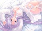  breasts canvas_2 cleavage garters impossible_clothes impossible_shirt lace lace-trimmed_panties large_breasts lingerie long_sleeves lying miwa_yoshikazu no_bra on_back panties purple_eyes purple_hair saginomiya_saya shirt solo thighhighs underwear wallpaper white_legwear white_panties 