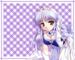  adjusting_hair animated animated_gif bekkankou bent_over blinking blush breasts cleavage crown dress elbow_gloves feena_fam_earthlight gloves green_eyes large_breasts lavender_hair leaning_forward long_hair purple_hair smile solo tiara wallpaper yoake_mae_yori_ruri_iro_na 