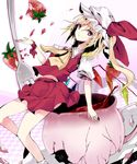  atoshi blonde_hair cup flandre_scarlet food fork fruit hat highres ponytail red_eyes short_hair side_ponytail solo strawberry teacup touhou wings 