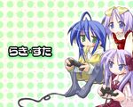  ahoge bow game_console hair_bow hiiragi_kagami hiiragi_tsukasa izumi_konata lucky_star mole mole_under_eye multiple_girls pantyhose playing_games playstation_2 sweatdrop tsurime video_game wallpaper yellow_bow yoshimizu_kagami 