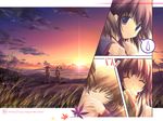  ^_^ carrying closed_eyes collage highres japanese_clothes miko multiple_girls original piggyback short_hair sleeping spoken_sweatdrop sunset sweatdrop tenmu_shinryuusai wallpaper 