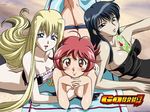  aoi_anna between_breasts bikini blonde_hair blush breasts butt_crack cover dvd_cover fujimura_shizuru gun highres kimura_takahiro large_breasts medium_breasts mira_ackerman multiple_girls non-web_source official_art red_hair shinkon_gattai_godannar!! sideboob swimsuit topless untied untied_bikini wallpaper water_gun weapon 