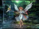  angel barefoot brown_hair cardcaptor_sakura floating forest green_eyes hair_ornament highres hoshi_no_tsue kinomoto_sakura magical_girl mutsuki_(moonknives) nature ribbon river short_hair skirt solo tree wallpaper water wings 