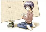  aoki_ume book book_stack glasses hidamari_sketch highres looking_back official_art open_book sae scan sitting solo wariza 