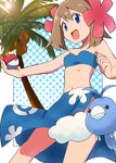  bandeau bare_shoulders blue_eyes blue_sarong brown_hair cosplay flower fuyou_(pokemon) fuyou_(pokemon)_(cosplay) gen_3_pokemon hair_flower hair_ornament haruka_(pokemon) holding holding_poke_ball midriff natsunagi_takaki navel outdoors palm_tree poke_ball pokemon pokemon_(creature) pokemon_(game) pokemon_oras pokemon_rse polka_dot polka_dot_background print_sarong sarong solo_focus strapless sunlight swablu tree two_side_up 