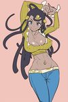  arms_up black_hair blue_eyes blue_pants breasts covered_nipples dahlia_(pokemon) dark_skin frontier_brain hair_bobbles hair_ornament large_breasts long_hair midriff navel_piercing no_bra pants piercing pink_background pokemon pokemon_(game) pokemon_dppt pokemon_platinum smile solo zaitsu 