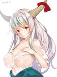  2016 bare_shoulders breasts cleavage collarbone covered_nipples dated ex-keine gradient_hair green_hair hands_on_own_chest head_tilt horn_ornament horn_ribbon horns kamishirasawa_keine kasa_jizou large_breasts looking_at_viewer multicolored_hair nipples no_bra off_shoulder red_eyes red_ribbon ribbon see-through shirt silver_hair simple_background solo sweat touhou upper_body wet wet_clothes wet_shirt white_background white_shirt 
