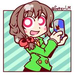  :d blush_stickers bow braid brown_hair can energy_drink eyebrows eyebrows_visible_through_hair formal hair_bow holding holding_can idolmaster idolmaster_cinderella_girls necktie open_mouth pink_eyes red_bull senkawa_chihiro setter_(seven_stars) single_braid smile solo suit twitter_username 