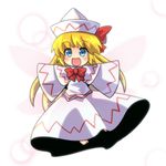  :d blonde_hair blue_eyes bow fairy_wings hat lily_white open_mouth skirt skirt_set sleeves_past_wrists smile solo tomato_chip touhou wings 