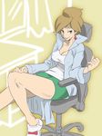  araragi_(pokemon) bare_legs breasts brown_hair chair cleavage earrings green_eyes jewelry labcoat large_breasts office_chair pencil_skirt pokemon pokemon_(game) pokemon_bw skirt smile solo zaitsu 