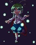  :d antennae blue_eyes cape fireflies green_hair open_mouth shorts smile solo standing standing_on_one_leg tomato_chip touhou wriggle_nightbug 