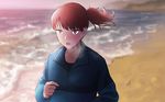  alternate_costume bangs beach brown_eyes brown_hair commentary jacket jogging kaga_(kantai_collection) kantai_collection ocean open_mouth shirt side_ponytail solo sunset sweat t-shirt track_jacket waves yue_(tada_no_saboten) 