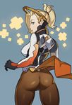  ass blonde_hair bodysuit breasts cowboy_shot grey_eyes halo high_ponytail highres looking_at_viewer looking_back mechanical_halo medium_breasts mercy_(overwatch) overwatch pantyhose parted_lips ponytail short_hair solo splashbrush thighs 