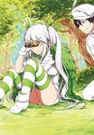  1girl abe_no_seimei_(drifters) binoculars black_hair blue_eyes boots camouflage drifters feathers frown glasses gloves grass hair_ribbon hat highres kneeling lavender_eyes mikura_(miraclemicro) mole mole_under_eye olmine ribbon sitting sleeves_rolled_up smile striped striped_legwear thighhighs tree twintails white_footwear white_gloves white_hair 