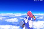  blue_sky cloud day from_behind hair_ribbon long_hair maid maid_headdress nagai_(a) red_hair ribbon seihou sky solo vivit 