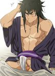  1boy abs arm_behind_head arm_support bed_sheet black_hair bulge erection erection_under_clothes fundoshi hair_down japanese_clothes kuromukuro looking_down male_focus male_pubic_hair male_underwear messy_hair muscle nipples open_clothes open_robe ouma_kennosuke_tokisada pectorals penis penis_peek pubic_hair robe scar simple_background solo sugo6969 sweatdrop tan testicles thick_eyebrows under_covers underwear white_background 