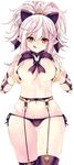 :q armlet ass_visible_through_thighs bangs black_bow black_bra black_legwear black_panties blush bow bow_panties bra bracelet breast_squeeze breasts buckle cowboy_shot demon_girl eyebrows eyebrows_visible_through_hair eyelashes garter_belt highres jewelry large_breasts long_hair looking_at_viewer navel original panties pink_hair pointy_ears ponytail reason_(ficafe) red_bow red_eyes saliva side-tie_panties sidelocks simple_background solo succubus suggestive_fluid sweat tattoo thigh_strap thighhighs tongue tongue_out underboob underwear underwear_only white_background 