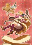  :3 :d bloomers bottle bow brown_footwear cape earrings flipping_food food food_themed_clothes food_themed_hair_ornament frying_pan full_body hair_ornament highres honey jewelry kneehighs looking_at_viewer mixing_bowl morinaga_(brand) open_mouth original pancake personification pink_hair plaid plaid_background purple_legwear red_background red_eyes shirt shoes short_hair side_ponytail smile solo spatula striped striped_bow striped_shirt underwear whisk white_bloomers yuasa_tsugumi 