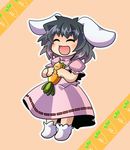  ^_^ animal_ears black_hair bunny_ears carrot closed_eyes dress floppy_ears inaba_tewi open_mouth puffy_short_sleeves puffy_sleeves short_sleeves smile solo tomato_chip touhou 