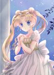  bead_bracelet beads bishoujo_senshi_sailor_moon blonde_hair blue_eyes bracelet branch collarbone column crescent crescent_earrings double_bun dress earrings fujimi_(deathnet) hair_beads hair_ornament hands_clasped interlocked_fingers jewelry long_hair own_hands_together pillar princess_serenity ribbon solo tears tsukino_usagi twintails white_dress 