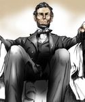  abraham_lincoln beard bow bowtie facial_hair formal highres hillary_clinton_(seward) male_focus real_life sitting solo suit 