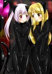  blonde_hair blush bodysuit brown_eyes cat_ears latex latex_suit multiple_girls pink_hair red_eyes shiny shiny_clothes skin_tight tail white_hair 