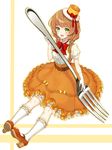  :d bow braid brown_footwear brown_hair food fork frilled_skirt frills full_body gloves green_eyes hat hat_bow highres kneehighs looking_at_viewer morinaga_(brand) open_mouth orange_skirt original oversized_object pancake personification red_bow shoes short_hair skirt smile solo tokki twin_braids white_gloves white_legwear 
