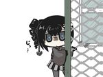  anchor_hair_ornament ancient_destroyer_oni bangs black_hair chain-link_fence chibi commentary drill_hair fence gloves goma_(gomasamune) grey_eyes hair_ornament hakama japanese_clothes kantai_collection kimono meiji_schoolgirl_uniform pantyhose peeking_out pleated_skirt shaded_face shinkaisei-kan side_ponytail skirt solo translated wide_sleeves window 