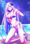  ama_nocchi beach bikini blush breasts brynhildr_(fate) cleavage fate/prototype fate/prototype:_fragments_of_blue_and_silver fate_(series) front-tie_top hair_over_one_eye kneeling large_breasts long_hair midriff navel purple_eyes side-tie_bikini silver_hair solo swimsuit very_long_hair 