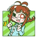  1girl :d ahoge akizuki_ritsuko blush_stickers braid brown_eyes brown_hair clenched_hand glasses idolmaster idolmaster_(classic) idolmaster_cinderella_girls one_eye_closed open_mouth setter_(seven_stars) smile solo twin_braids twitter_username 