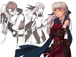  1girl bare_shoulders black_gloves black_legwear blue_scarf crossed_arms dress elbow_gloves fingerless_gloves fire_emblem fire_emblem:_akatsuki_no_megami gloves hair_ribbon half_updo hug kobashi_(hodohodo) long_hair micaiah multiple_views pantyhose ribbon scarf side_slit silver_hair sleeveless sleeveless_dress solo_focus sothe yellow_eyes 