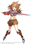  armor belt boots brown_footwear brown_hair earrings full_body gloves jewelry knee_boots looking_at_viewer midriff navel noatopia_~kibou_no_monogatari~ official_art ogino_atsuki open_mouth red_eyes short_hair shorts simple_background smile solo sword weapon white_background 