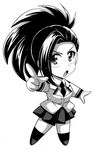  black_hair blush boku_no_hero_academia breasts chibi female long_hair looking_away monochrome oujano_kaze ponytail scan simple_background skirt solo yaoyorozu_momo 