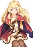  bangs black_legwear blonde_hair blush cagliostro_(granblue_fantasy) cape crown finger_to_mouth granblue_fantasy hairband long_hair looking_at_viewer open_mouth purple_eyes simple_background sitting skirt smile solo thighhighs tobimura white_background 