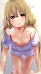  blonde_hair breasts downblouse extended_downblouse futaba_anzu highres idolmaster idolmaster_cinderella_girls jorori long_hair low_twintails shirt small_breasts solo t-shirt twintails 