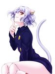  animal_ears cat_ears cat_tail finger_to_mouth highres hunter_x_hunter image_sample neferpitou no_pants pixiv_sample short_hair simple_background smile solo tail watarui white_background white_hair 