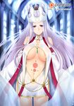  bare_shoulders breasts breasts_apart butter-t covered_nipples crown detached_sleeves dress dress_of_heaven fate/grand_order fate_(series) irisviel_von_einzbern irisviel_von_einzbern_(caster) jewelry large_breasts long_hair long_sleeves looking_at_viewer mature navel patreon_logo patreon_username red_eyes silver_hair sleeves_past_wrists smile solo stomach underboob very_long_hair watermark web_address 