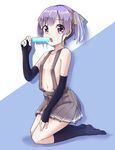  :o bare_shoulders black_gloves black_legwear blue_hair blush dessert elbow_gloves fingerless_gloves food gloves hair_ribbon ice_cream kanabun kantai_collection kneeling looking_at_viewer navel no_shirt ooshio_(kantai_collection) open_mouth pleated_skirt popsicle purple_eyes ribbon ribs skirt solo suspender_skirt suspenders teeth twintails 