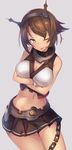  bare_shoulders blush breasts brown_hair chain cleavage crossed_arms headgear heart highres kantai_collection large_breasts looking_at_viewer metindone midriff miniskirt mutsu_(kantai_collection) navel one_eye_closed open_mouth pleated_skirt short_hair simple_background skirt sleeveless solo yellow_eyes 