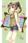  arm_behind_back blue_eyes brown_hair bug butterfly flower from_side fujimi_(deathnet) highres insect original outline outside_border pillarboxed plaid ponytail profile rose short_shorts shorts smile solo tank_top 