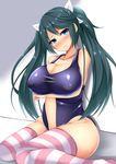  aqua_hair bare_shoulders blue_eyes blush breasts cleavage curvy erect_nipples hair_ribbon isuzu_(kantai_collection) kantai_collection large_breasts long_hair looking_at_viewer puffy_nipples sitting solo swimsuit thighhighs twintails wide_hips yahiro_(anhnw) 