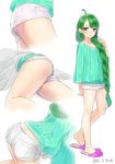  adjusting_hair all_fours ama_mitsuki ass braid commentary dated duplicate green_eyes green_hair kantai_collection long_hair looking_at_viewer lying mole mole_under_mouth multiple_views on_side panties panty_peek short_shorts shorts signature simple_background single_braid sketch slippers underwear upshorts very_long_hair white_background yuugumo_(kantai_collection) 