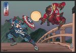  adapted_costume armor artist_name backpack bag battle black_border black_legwear blue_gloves blue_pants border bridge captain_america captain_america_civil_war checkered clenched_teeth duel fine_art_parody floral_print full_body full_moon gloves helmet holding_shield iron_man japanese_armor japanese_clothes jumping kote kusazuri legs_apart looking_at_another male_focus marvel moon mountain multiple_boys nihonga outdoors outstretched_arm outstretched_arms pants parody partially_translated red_gloves red_pants rope shield shoulder_armor signature socks sode steve_rogers takumi_(marlboro) teeth tony_stark translation_request ukiyo-e waraji 